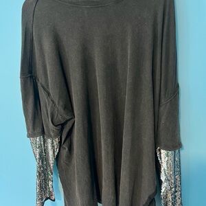 Free People Black Oversized Long Sleeve Top with Silver Sequin Sleeves